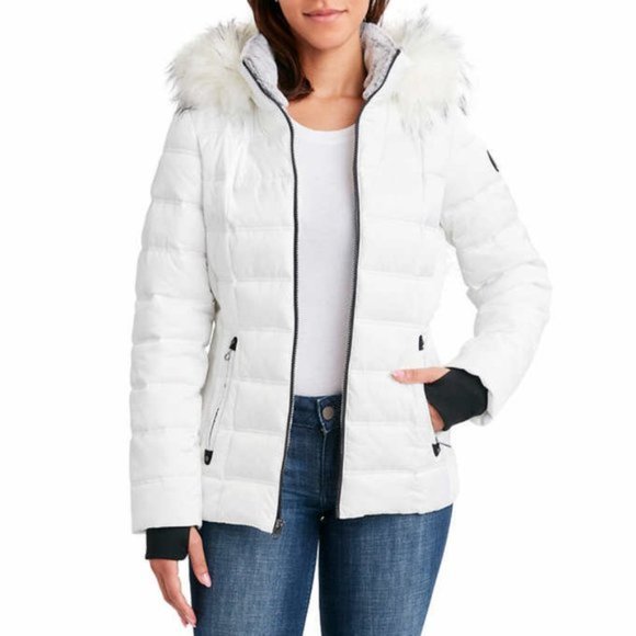 NWT Nautica Women's Zip Off Hood Faux Fur Trim Puffer Jacket WHITE - Picture 2 of 13